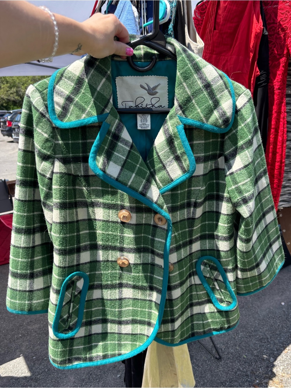Tabitha Anthropologie Green and Teal Plaid Wool Blend Peacoat